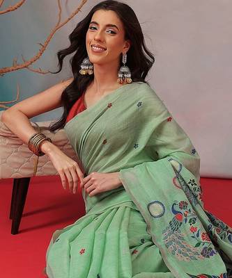 Lime woven cotton blend traditional saree with blouse piece 2