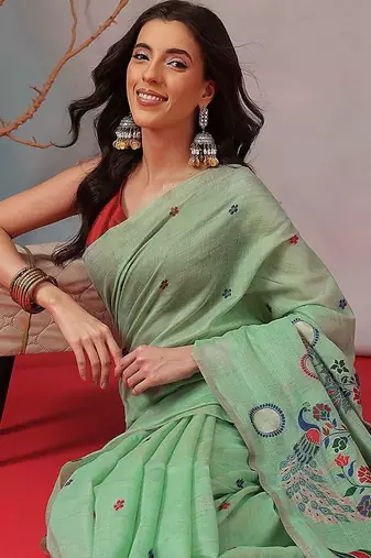 Lime woven cotton blend traditional saree with blouse piece