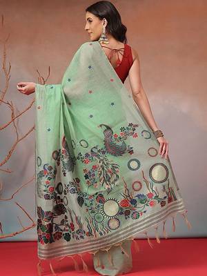 Lime woven cotton blend traditional saree with blouse piece 3