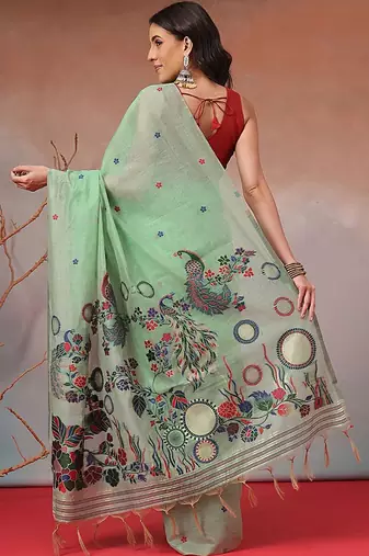 Lime woven cotton blend traditional saree with blouse piece
