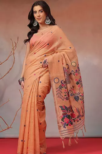 Peach woven cotton blend traditional saree with blouse piece