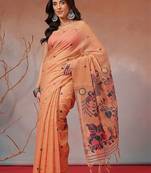 Peach woven cotton blend traditional saree with blouse piece
