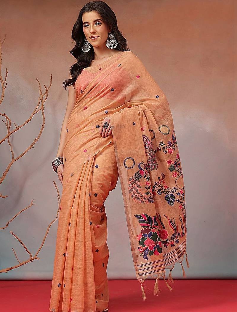 Peach woven cotton blend traditional saree with blouse piece