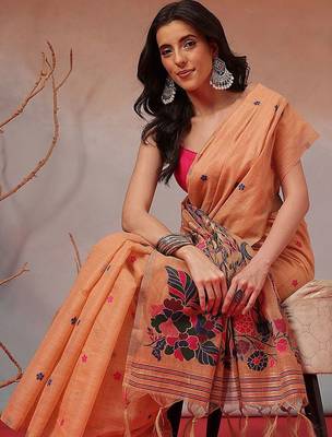 Peach woven cotton blend traditional saree with blouse piece 2