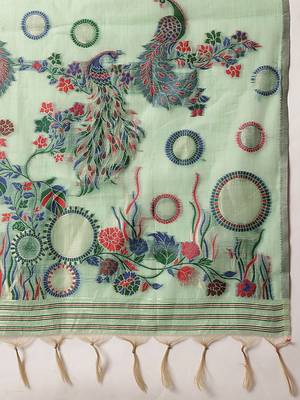 Lime woven cotton blend traditional saree with blouse piece 5