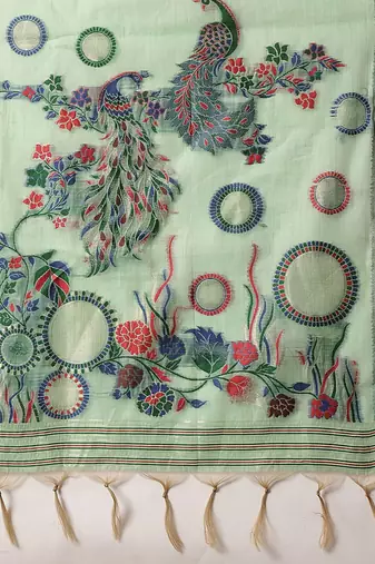 Lime woven cotton blend traditional saree with blouse piece