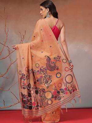 Peach woven cotton blend traditional saree with blouse piece 3