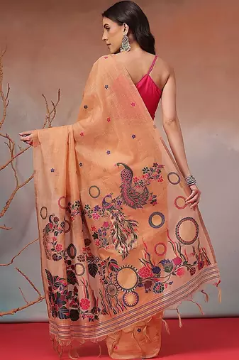 Peach woven cotton blend traditional saree with blouse piece