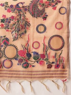 Peach woven cotton blend traditional saree with blouse piece 5