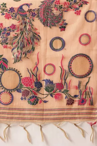 Peach woven cotton blend traditional saree with blouse piece