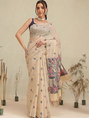 Beige woven cotton blend traditional saree with blouse piece 1