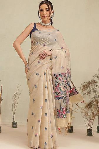 Beige woven cotton blend traditional saree with blouse piece