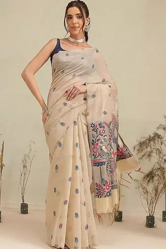 Beige woven cotton blend traditional saree with blouse piece
