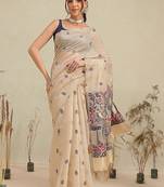 Beige woven cotton blend traditional saree with blouse piece