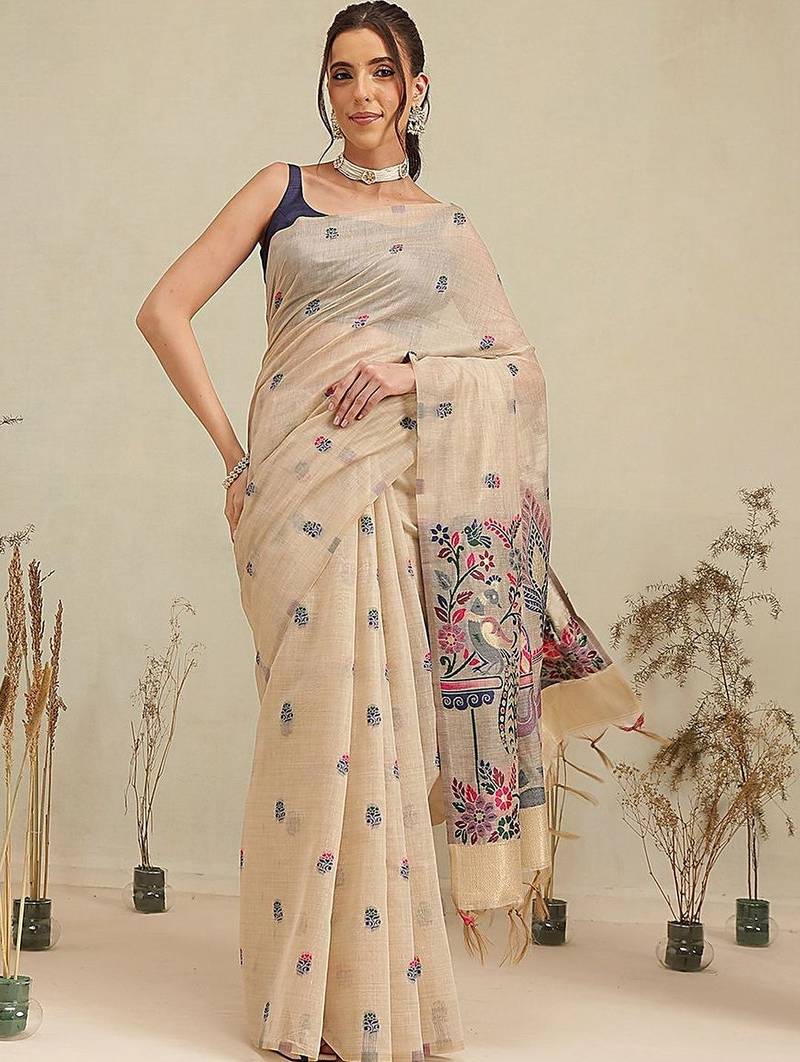 Beige woven cotton blend traditional saree with blouse piece