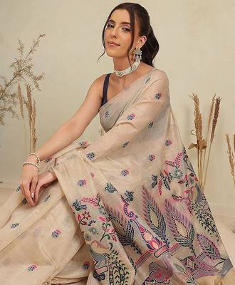 Beige woven cotton blend traditional saree with blouse piece 2