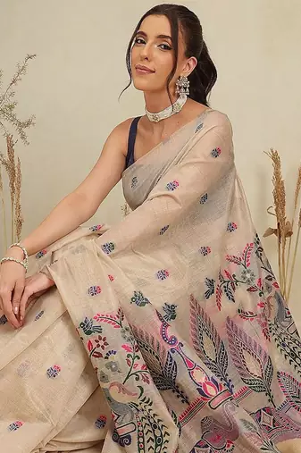 Beige woven cotton blend traditional saree with blouse piece