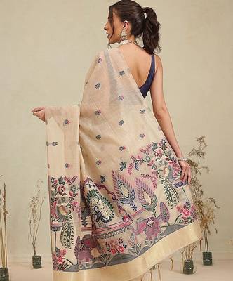 Beige woven cotton blend traditional saree with blouse piece 3