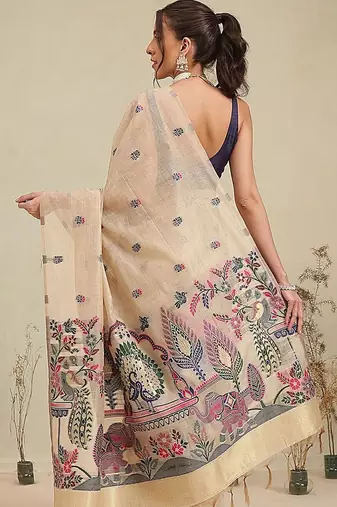 Beige woven cotton blend traditional saree with blouse piece