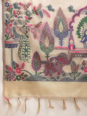 Beige woven cotton blend traditional saree with blouse piece 5