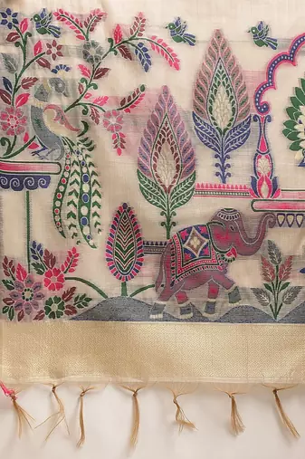 Beige woven cotton blend traditional saree with blouse piece