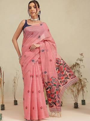 Pink printed cotton blend ethnic saree with blouse piece 1