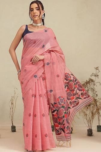 Pink printed cotton blend ethnic saree with blouse piece