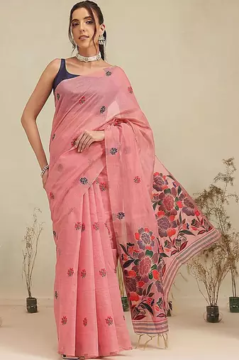 Pink printed cotton blend ethnic saree with blouse piece