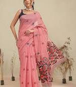 Pink printed cotton blend ethnic saree with blouse piece