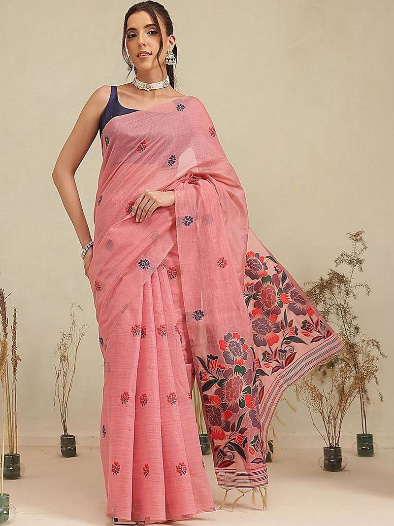 Pink printed cotton blend ethnic saree with blouse piece