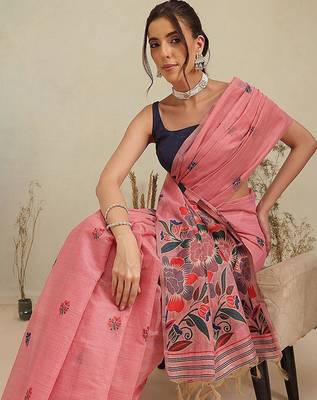 Pink printed cotton blend ethnic saree with blouse piece 2