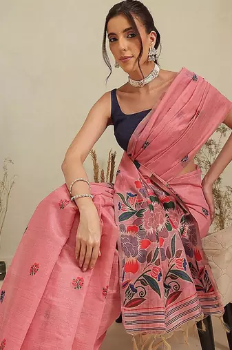 Pink printed cotton blend ethnic saree with blouse piece