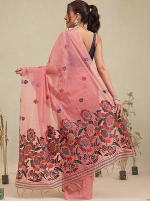 Pink printed cotton blend ethnic saree with blouse piece 3