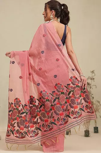 Pink printed cotton blend ethnic saree with blouse piece