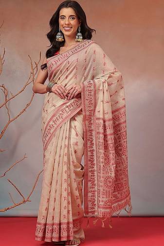 Cream printed cotton blend ethnic saree with blouse piece