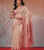 Cream printed cotton blend ethnic saree with blouse piece