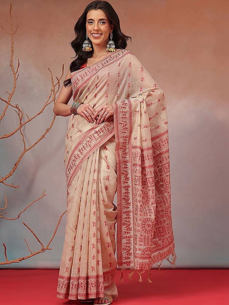 Cream printed cotton blend ethnic saree with blouse piece