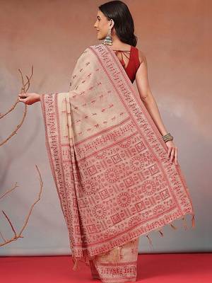 Cream printed cotton blend ethnic saree with blouse piece 2