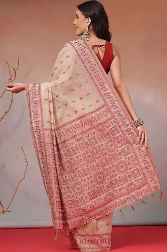 Cream printed cotton blend ethnic saree with blouse piece