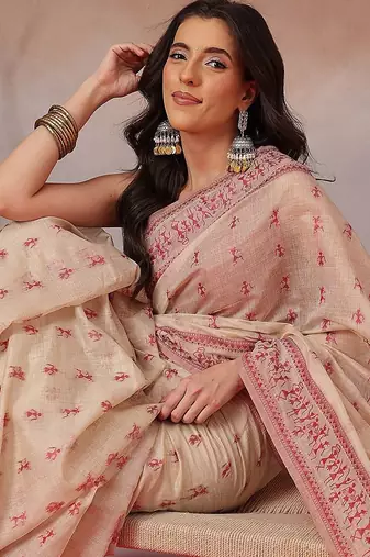Cream printed cotton blend ethnic saree with blouse piece