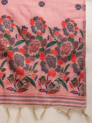 Pink printed cotton blend ethnic saree with blouse piece 5