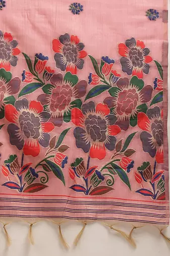 Pink printed cotton blend ethnic saree with blouse piece