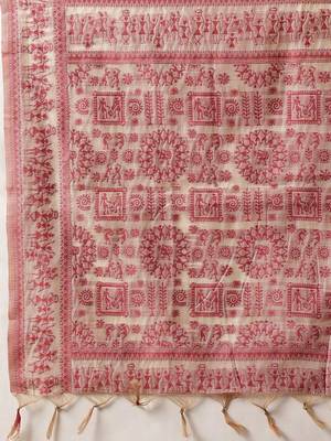 Cream printed cotton blend ethnic saree with blouse piece 4