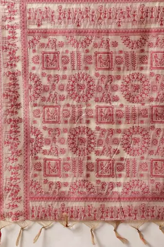 Cream printed cotton blend ethnic saree with blouse piece