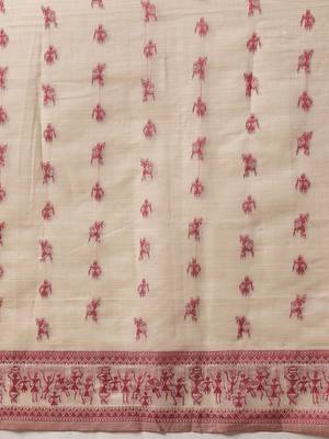 Cream printed cotton blend ethnic saree with blouse piece 5