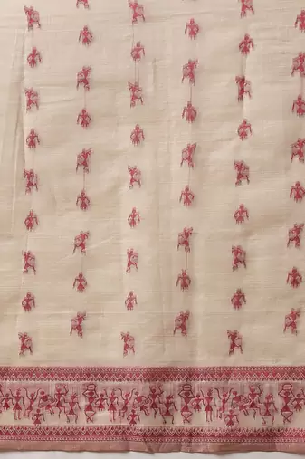 Cream printed cotton blend ethnic saree with blouse piece