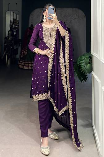 Bewitching Purple Thread Embroidery Silk Traditional Pant Suit