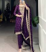 Bewitching Purple Thread Embroidery Silk Traditional Pant Suit
