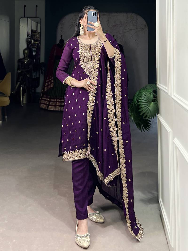 Bewitching Purple Thread Embroidery Silk Traditional Pant Suit