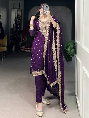 Purple Thread Embroidery Silk Traditional Pant Suit 2